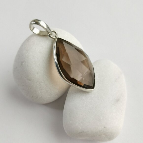 Sterling silver Navette Smokey Topaz Smoky Quartz pendant NEW - Picture 7 of 7